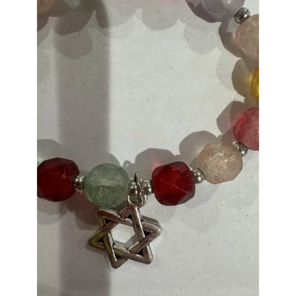 Judaism Lot of 2 Beaded Stretch Bracelets w/ Star of David Charms, Multi/Yellow